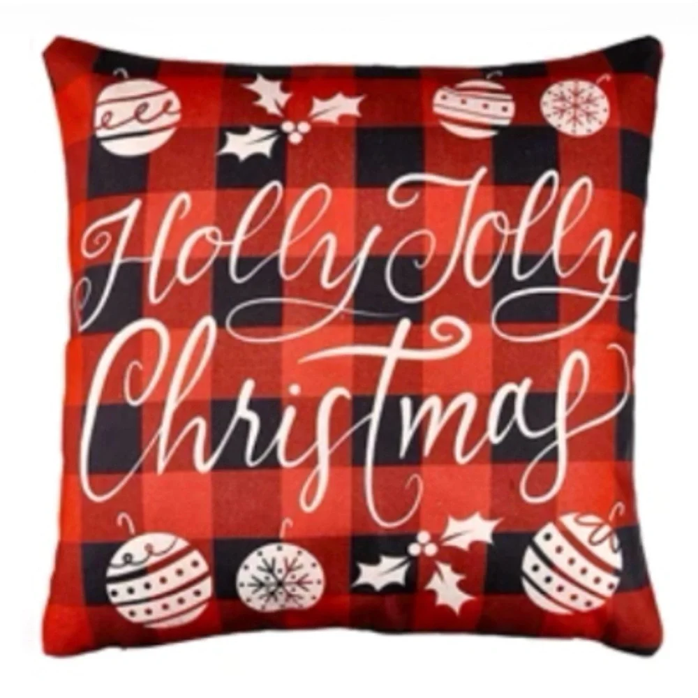 Pillow Cover Set Rustic Christmas Decor Farmhouse Plaid Linen Large Square 17.3”